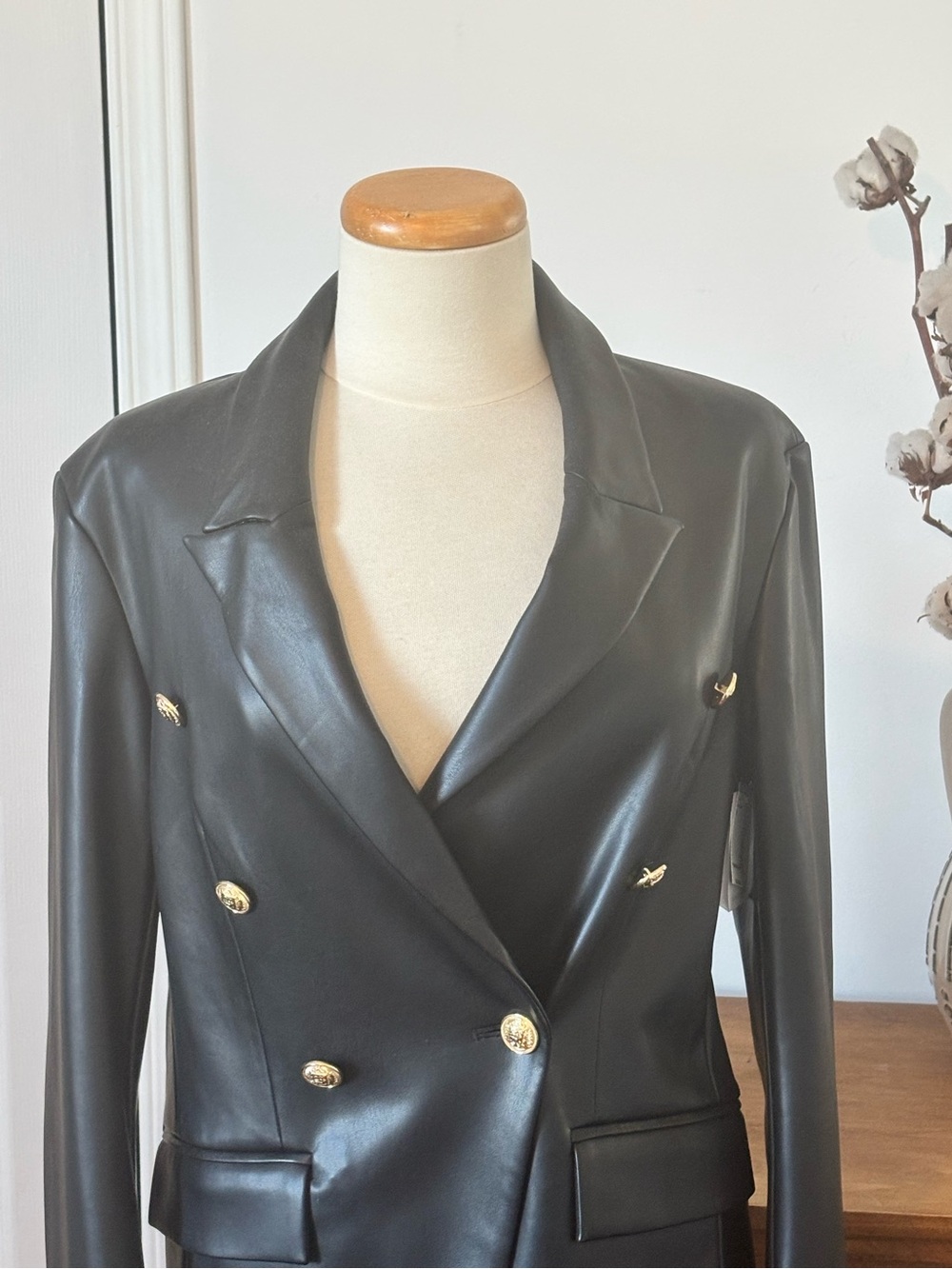 Simons Black Faux Leather Double-Breasted Jacket with Gold Buttons